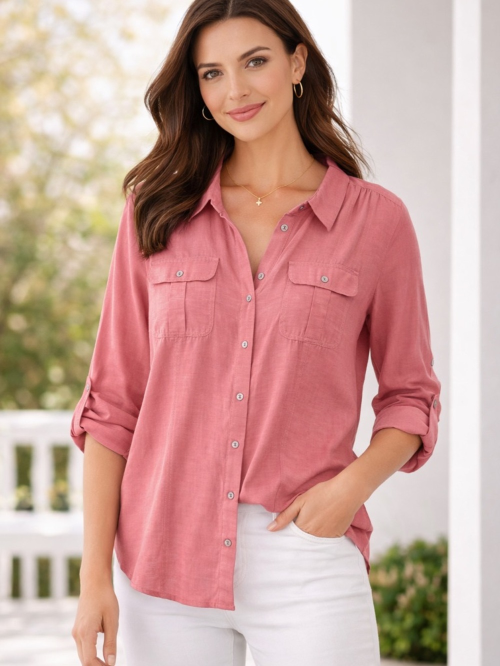 Roz & Ali XL Pink Utility Blouse Roll Tab Sleeve Button Up Top